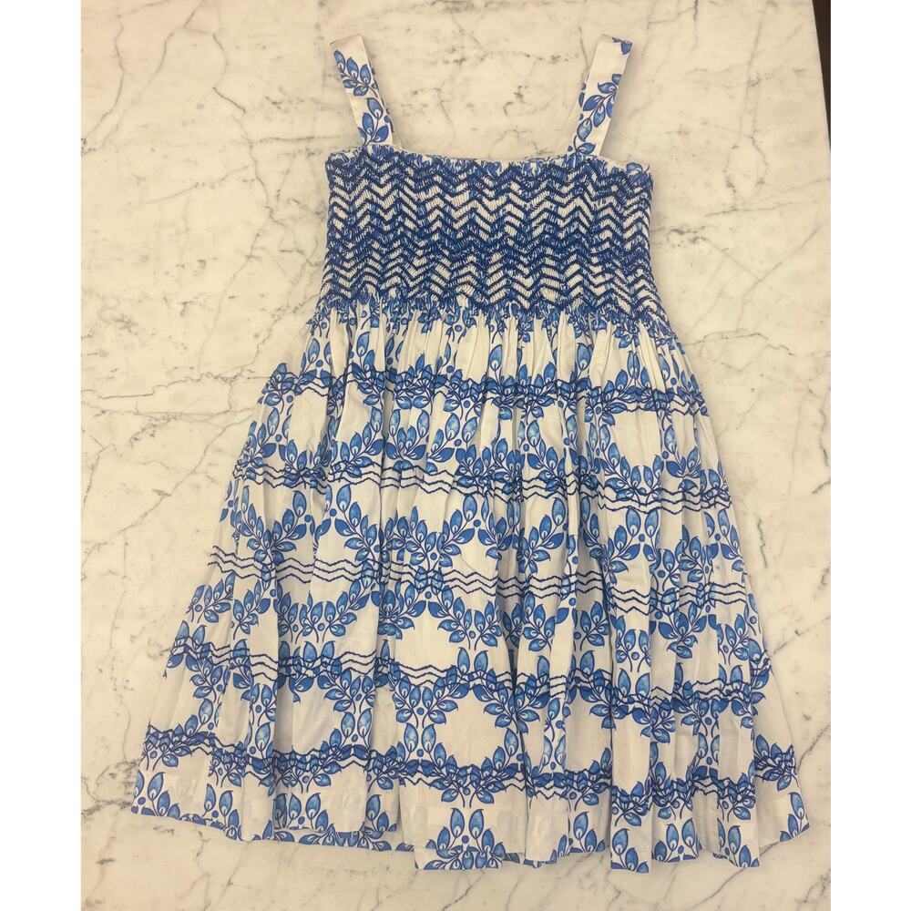 Oscar De la Renta Girls Rouched Pleated Party Dress White and Blue Print 8